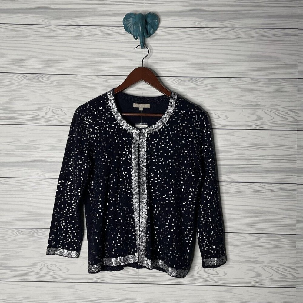 NWT Joan Vass Navy Blue Silver Sequin Button Down Cardigan Sweater Womens Small